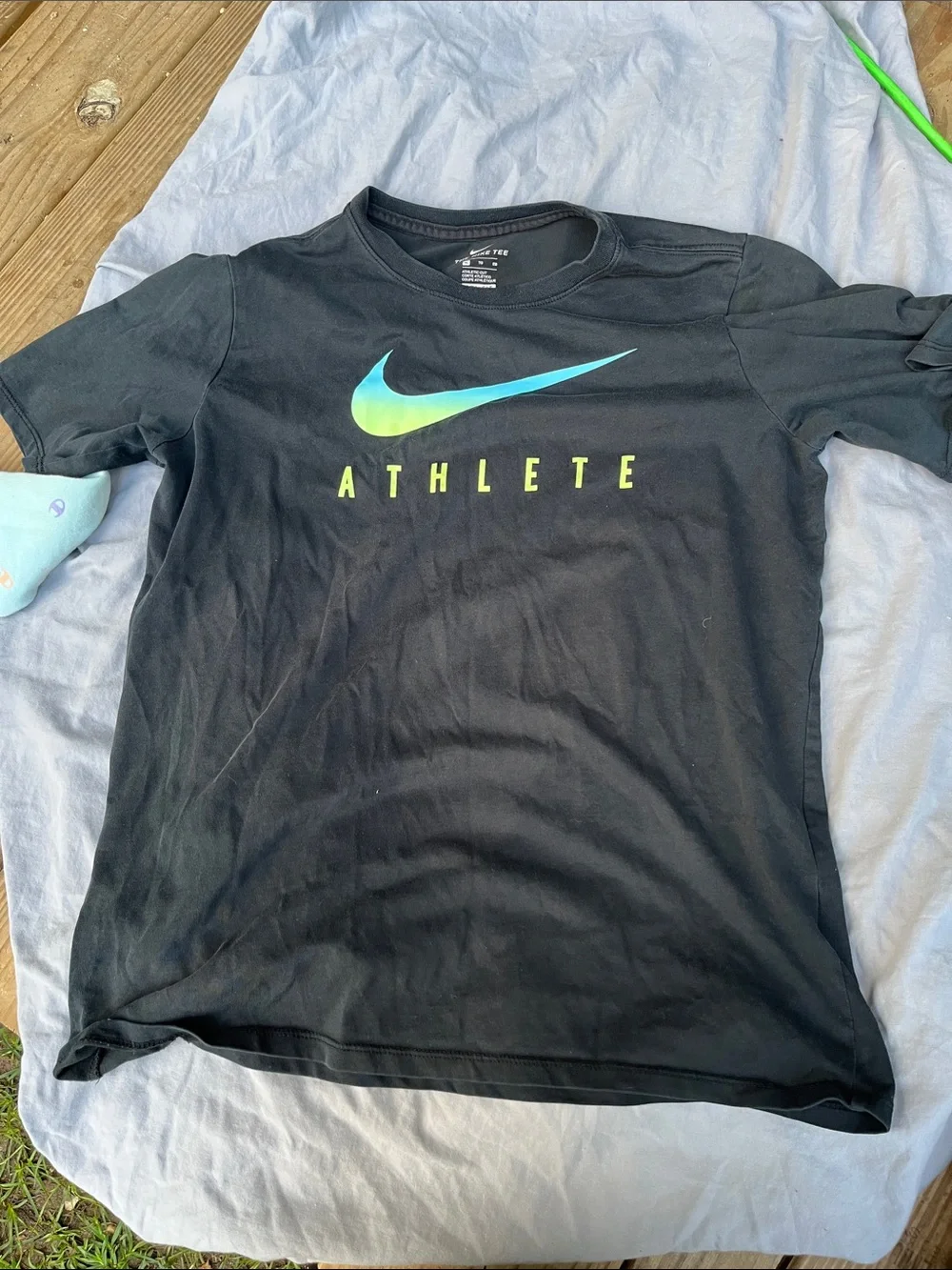 Nike Black Tee with Blue-Green Gradient Swoosh